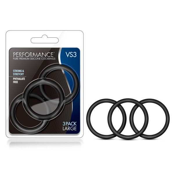 Performance VS3 Pure Premium Silicone Cockrings - Black Large Cock Rings - Set of 3 - BL-72815