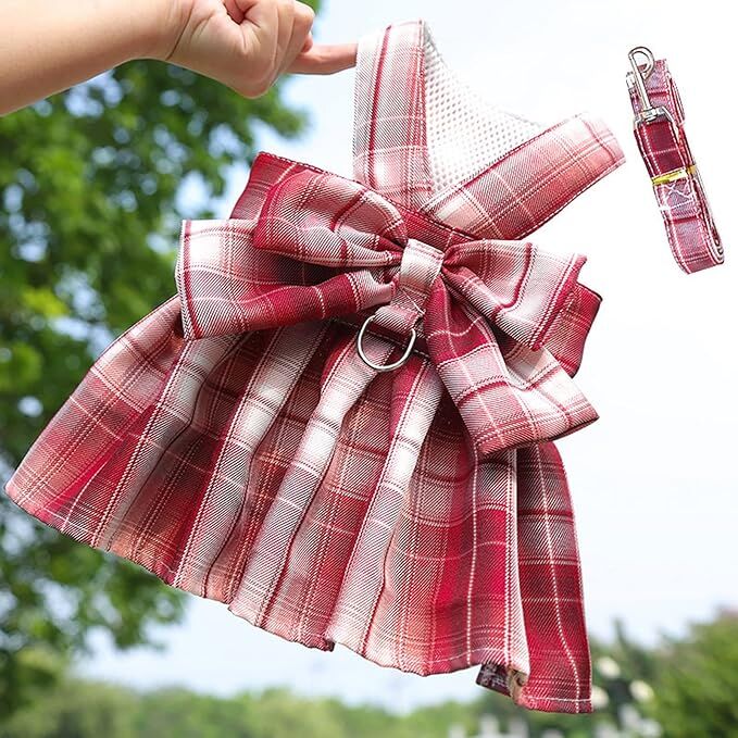 Plaid Princess Dog Dress with Harness & Leash Set