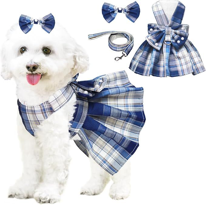 Plaid Princess Dog Dress with Harness & Leash Set