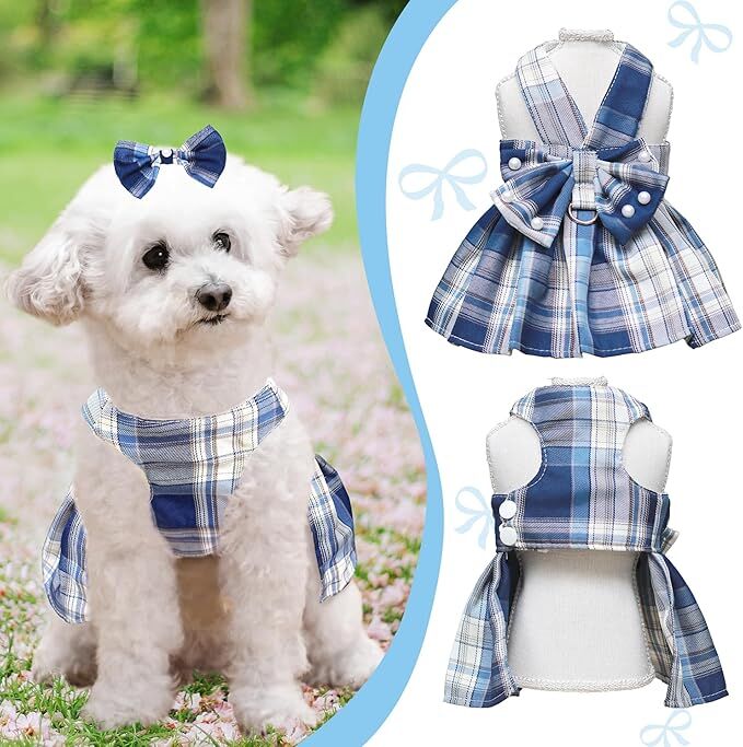 Plaid Princess Dog Dress with Harness & Leash Set