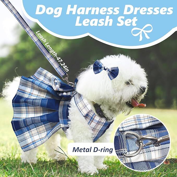 Plaid Princess Dog Dress with Harness & Leash Set