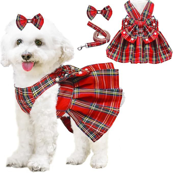Plaid Princess Dog Dress with Harness & Leash Set