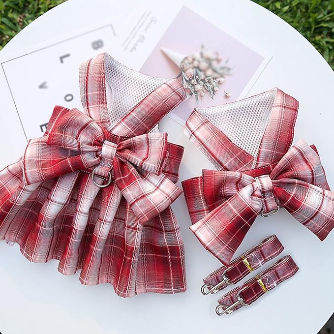 Plaid Princess Dog Dress with Harness & Leash Set