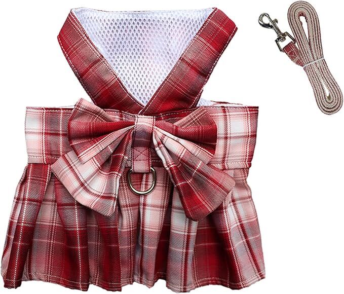 Plaid Princess Dog Dress with Harness & Leash Set