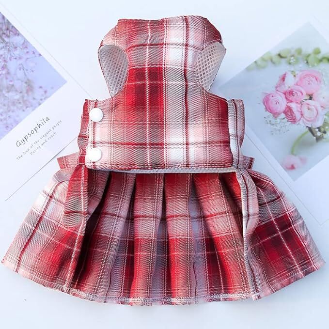 Plaid Princess Dog Dress with Harness & Leash Set