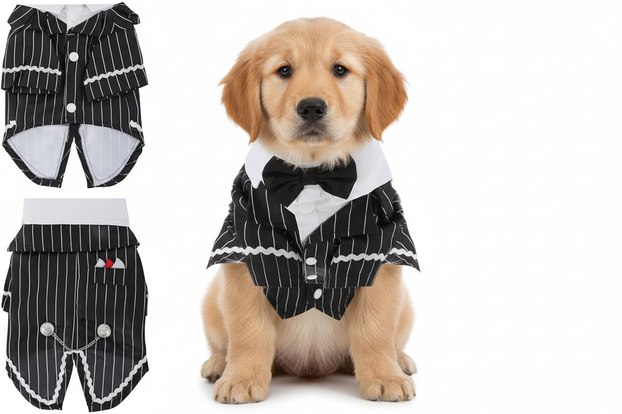 Dog Tuxedo Suit with Bow Tie – Formal Black & White Striped Outfit