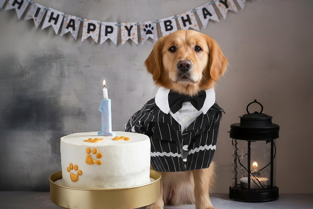 Dog Tuxedo Suit with Bow Tie – Formal Black & White Striped Outfit