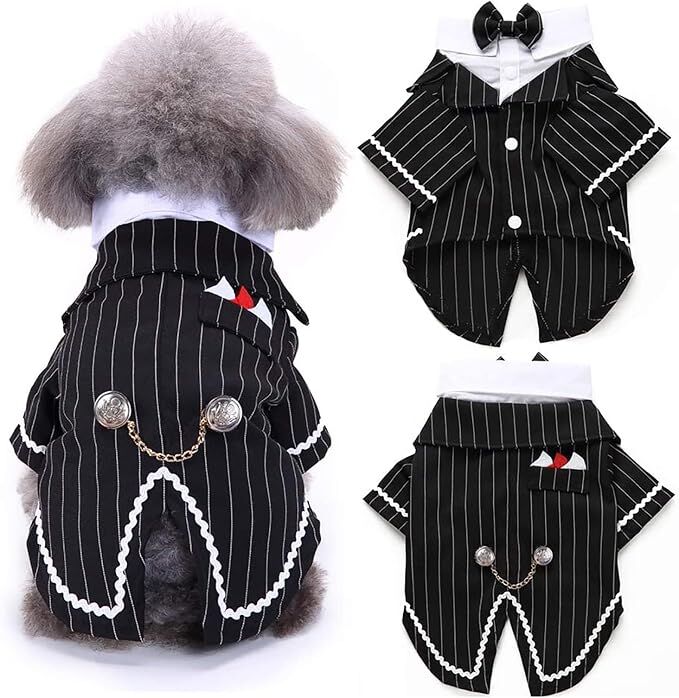 Dog Tuxedo Suit with Bow Tie – Formal Black & White Striped Outfit