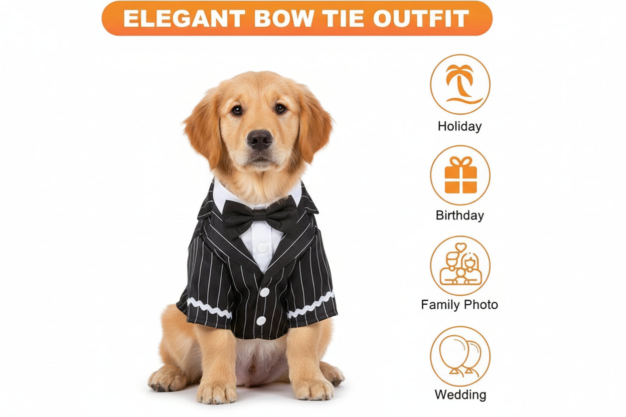 Dog Tuxedo Suit with Bow Tie – Formal Black & White Striped Outfit