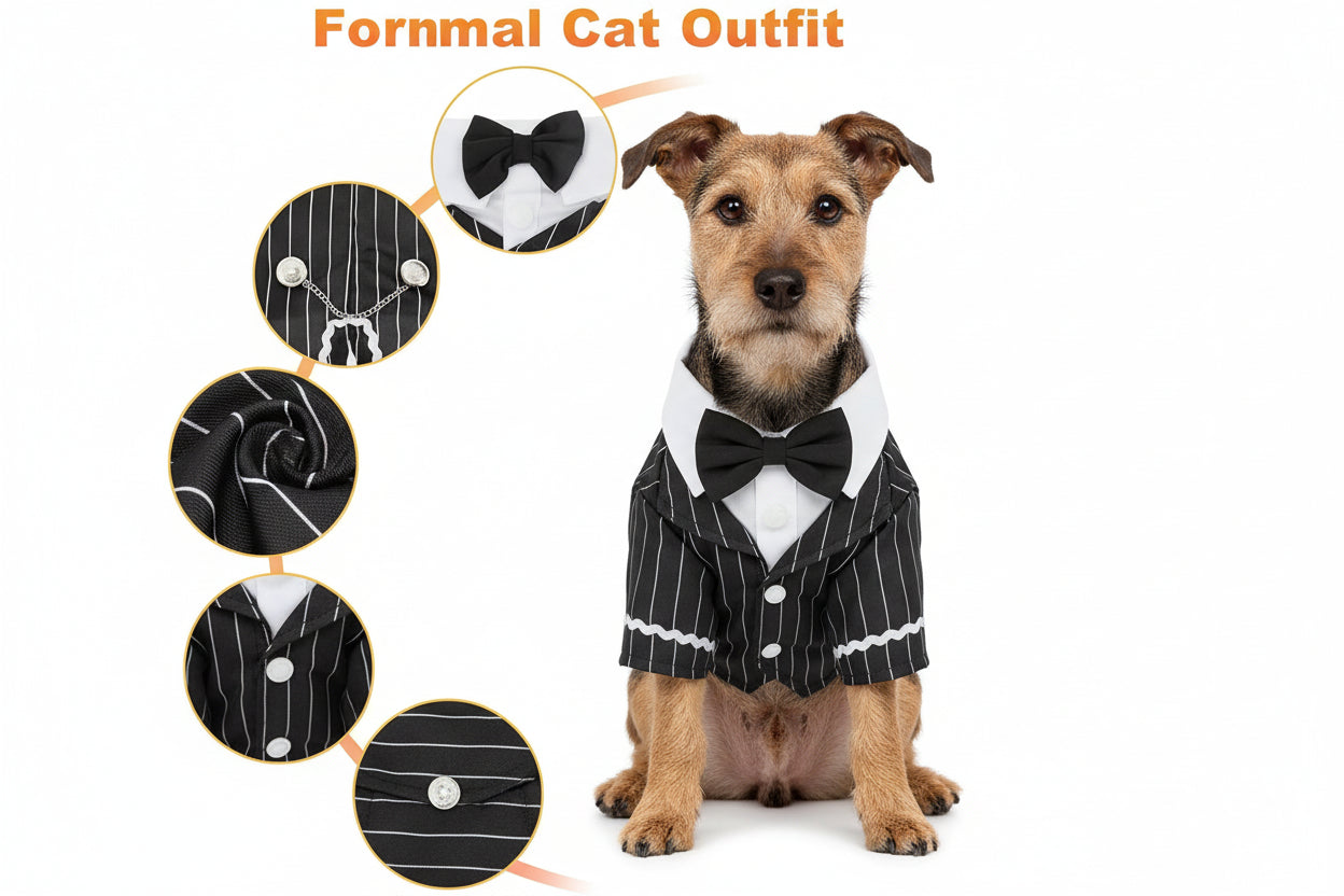 Dog Tuxedo Suit with Bow Tie – Formal Black & White Striped Outfit