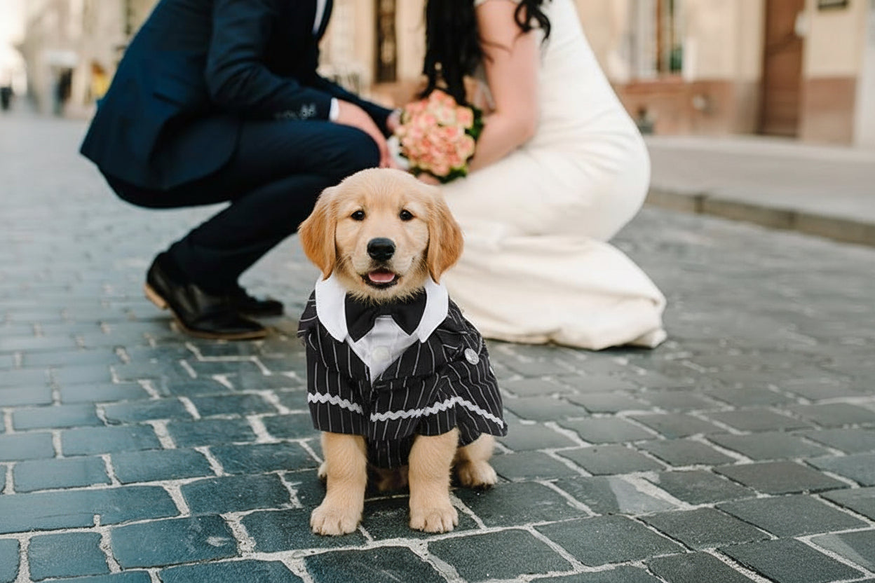 Dog Tuxedo Suit with Bow Tie – Formal Black & White Striped Outfit