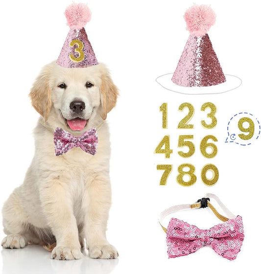 Pink Dog Birthday Party Set – 3‑Piece Outfit (Hat + Bow Tie + Number Badge)