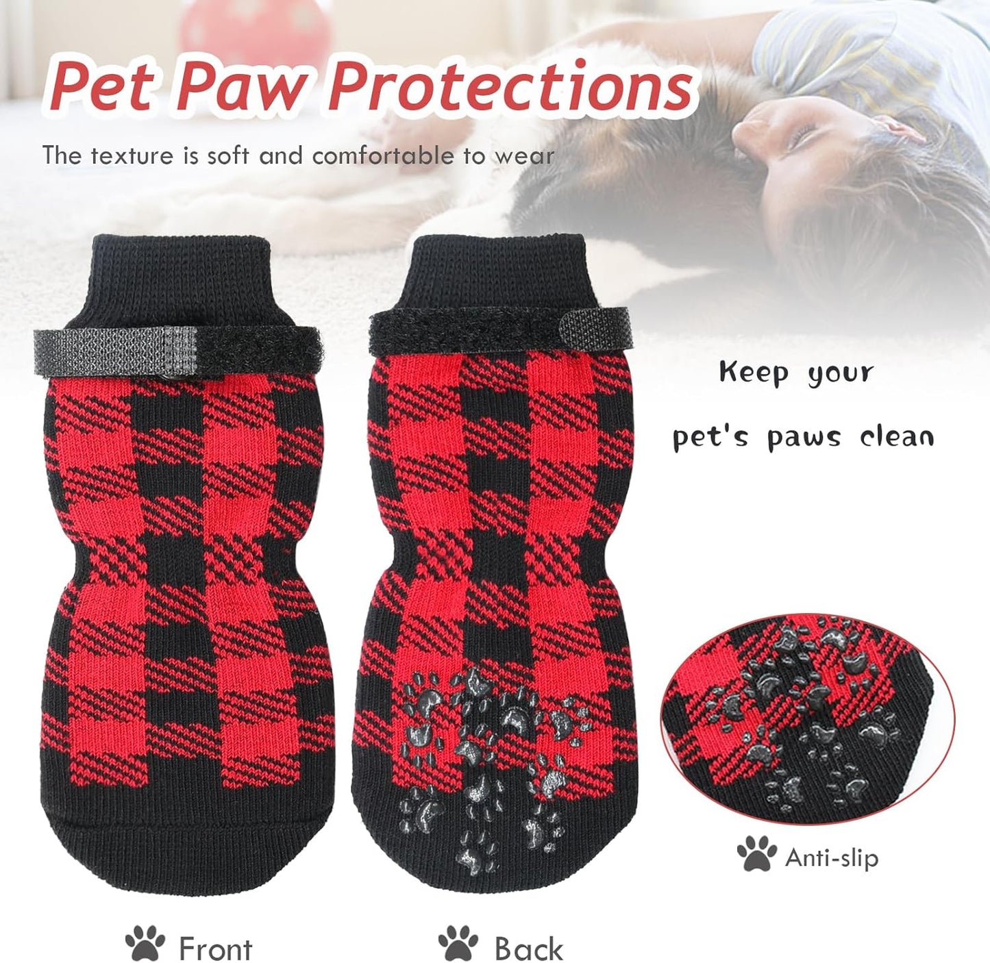 Dog Socks Size M Anti-Slip Pet Paw Protectors Red for Dogs