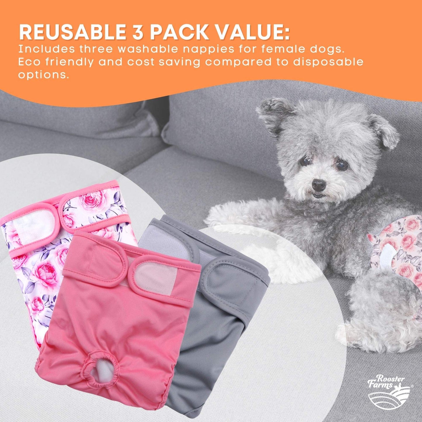 Reusable Dog Diapers 3-Pack | Washable Nappies for Female Dogs