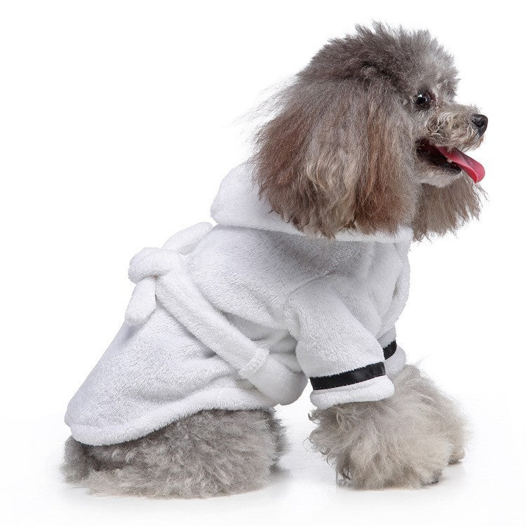 White Cozy Pet Bathrobe Sleepwear – Plush Fleece Dog Robe with Hood and Adjustable Waistband for Small to Medium Breeds(Size:XL)