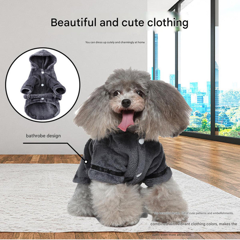 White Cozy Pet Bathrobe Sleepwear – Plush Fleece Dog Robe with Hood and Adjustable Waistband for Small to Medium Breeds(Size:XL)