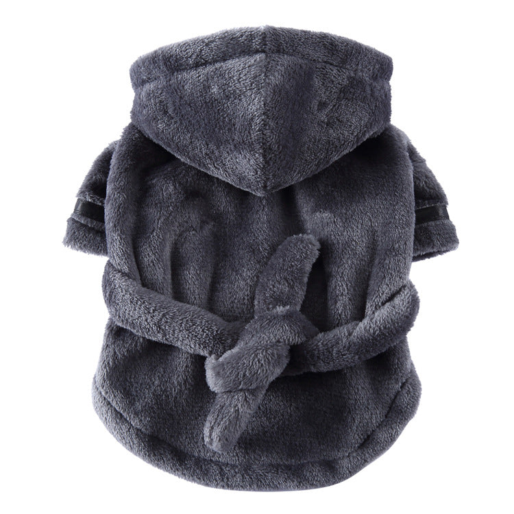 Grey Cozy Pet Bathrobe Sleepwear – Plush Fleece Dog Robe with Hood and Adjustable Waistband for Small to Medium Breeds(Size:XL)