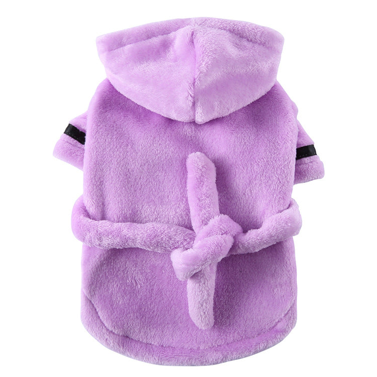 Purple Cozy Pet Bathrobe Sleepwear – Plush Fleece Dog Robe with Hood and Adjustable Waistband for Small to Medium Breeds(Size:XL)