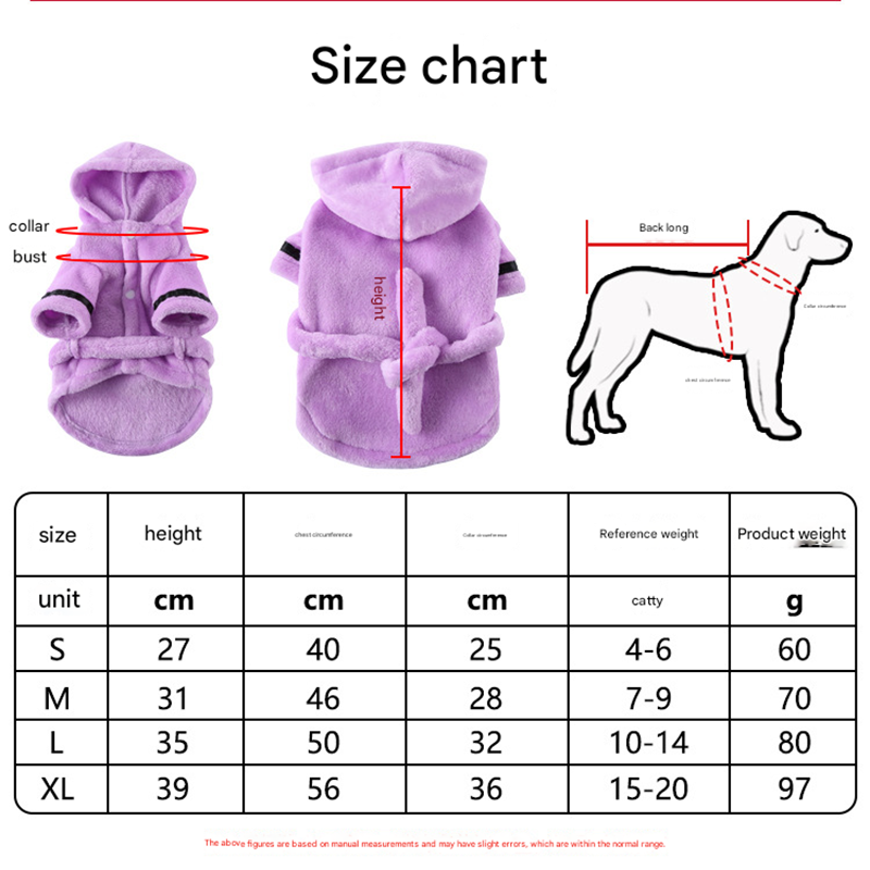 Purple Cozy Pet Bathrobe Sleepwear – Plush Fleece Dog Robe with Hood and Adjustable Waistband for Small to Medium Breeds(Size:XL)