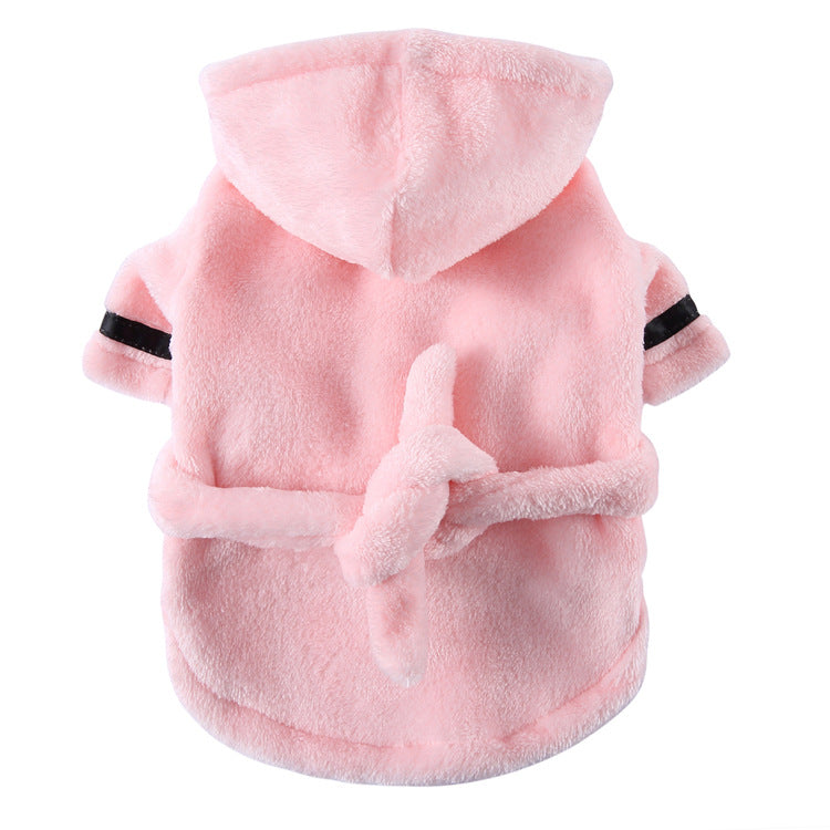 Pink Cozy Pet Bathrobe Sleepwear – Plush Fleece Dog Robe with Hood and Adjustable Waistband for Small to Medium Breeds(Size:XL)