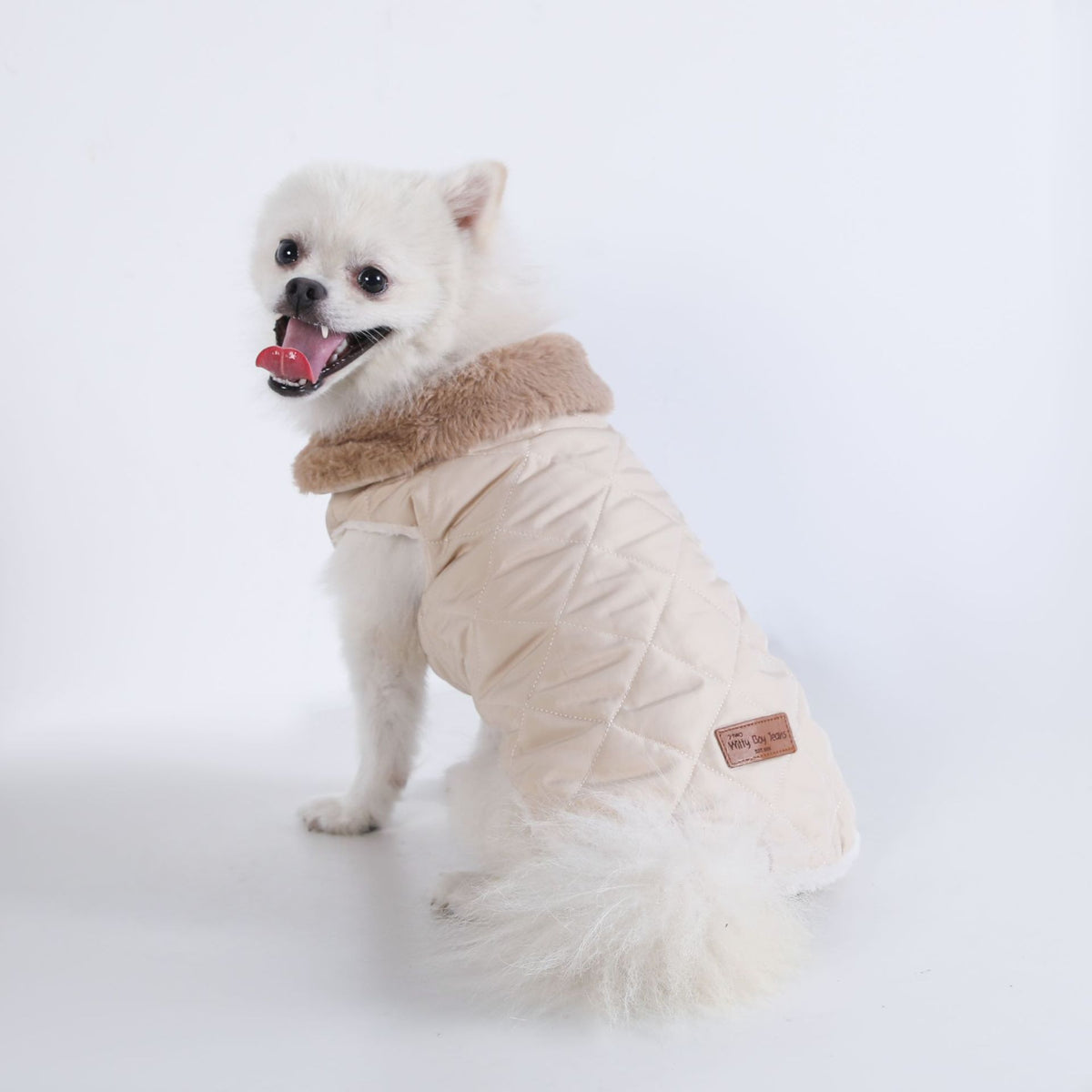 L Size Beige Winter Padded Cotton Dog Thermal Plaid Vest with Faux Fur Collar - Thick Fleece-Lined Warm Pet Jacket