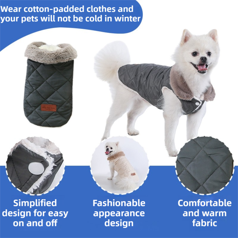 L Size Beige Winter Padded Cotton Dog Thermal Plaid Vest with Faux Fur Collar - Thick Fleece-Lined Warm Pet Jacket
