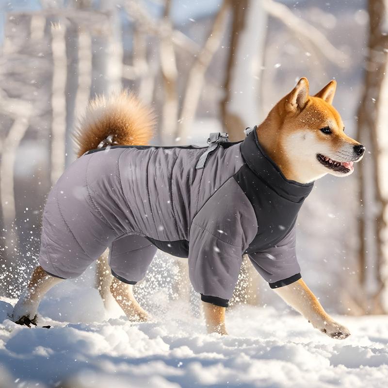 XL Size Grey Winter Waterproof Dog 4 Leg Jumpsuit for Full Body Warmth - Reflective Windproof Pet Puffer Coat with Integrated Harness