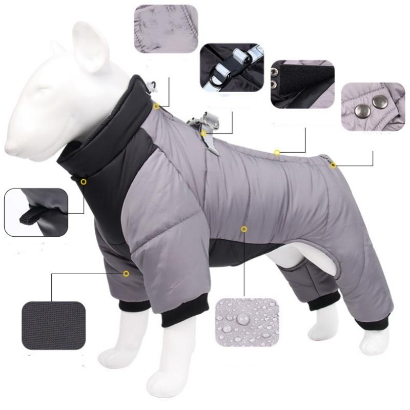 XL Size Grey Winter Waterproof Dog 4 Leg Jumpsuit for Full Body Warmth - Reflective Windproof Pet Puffer Coat with Integrated Harness