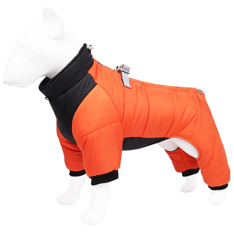 3XL Size Orange Winter Waterproof Dog 4 Leg Jumpsuit for Full Body Warmth - Reflective Windproof Pet Puffer Coat with Integrated Harness
