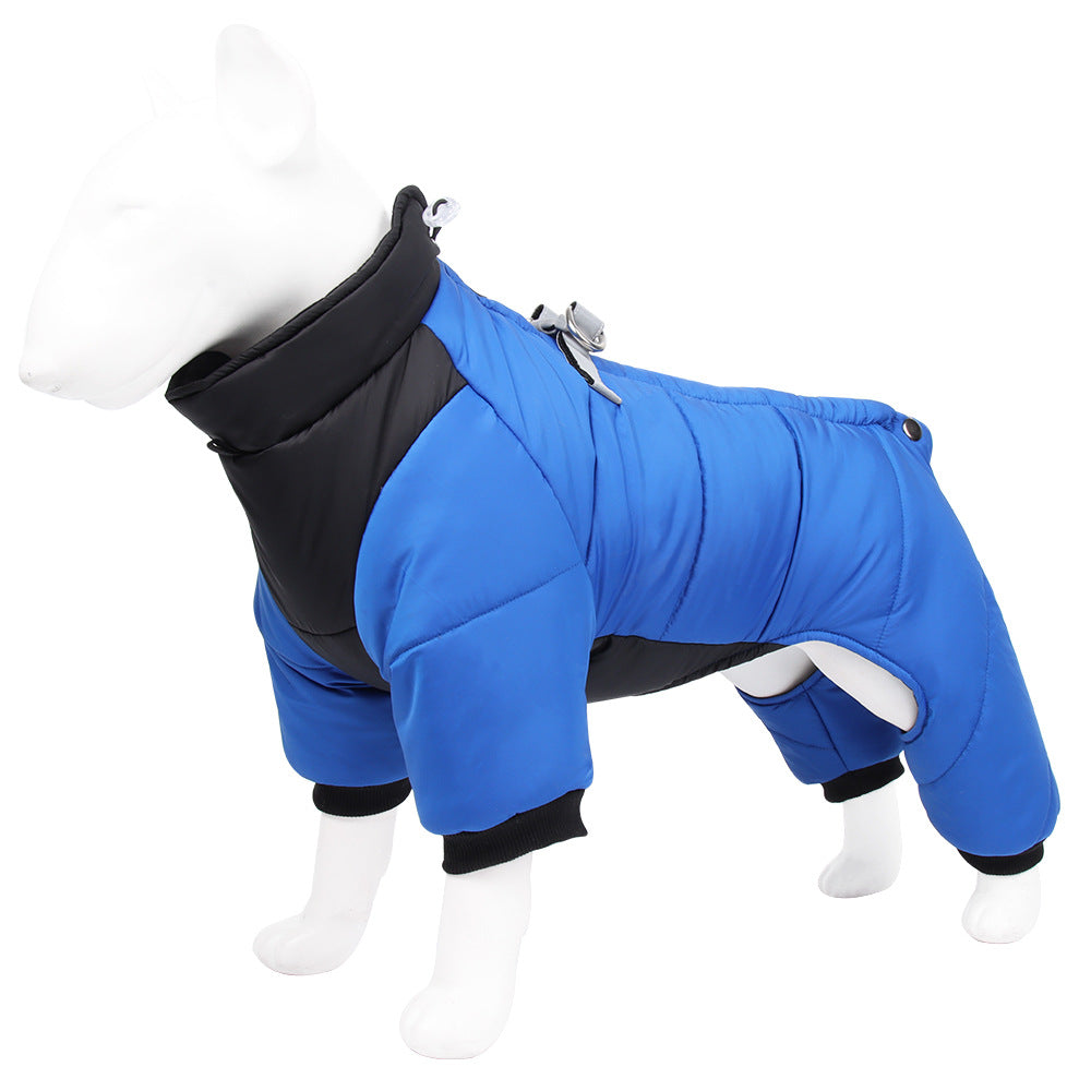 M Size Blue Winter Waterproof Dog 4 Leg Jumpsuit for Full Body Warmth - Reflective Windproof Pet Puffer Coat with Integrated Harness