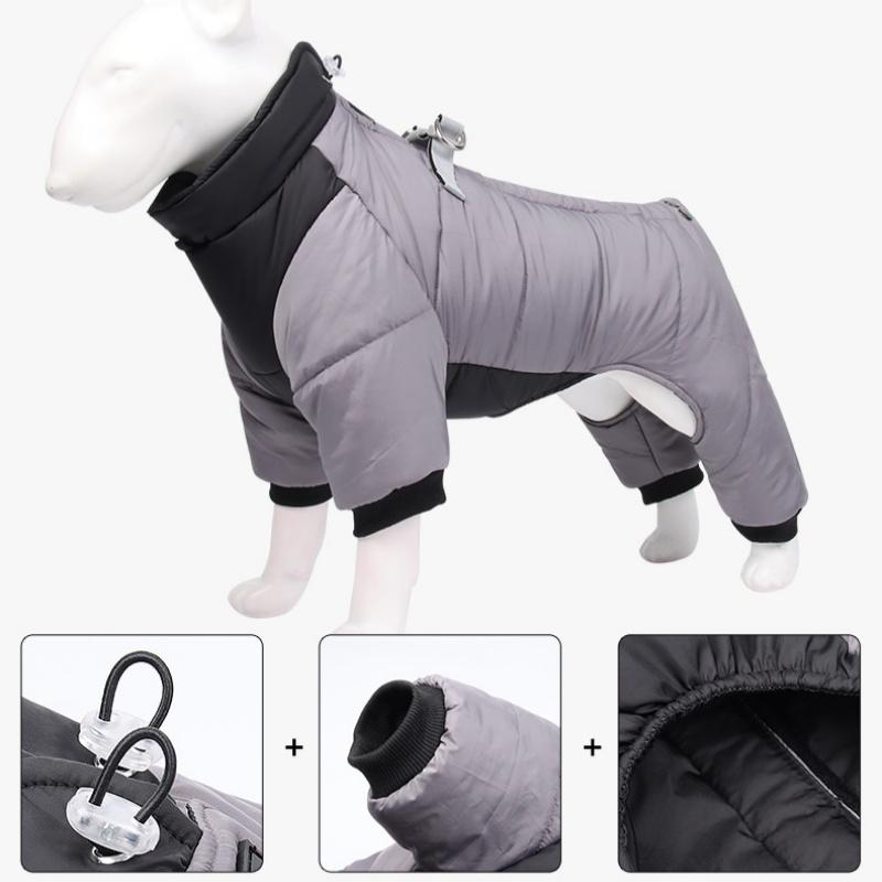 XL Size Blue Winter Waterproof Dog 4 Leg Jumpsuit for Full Body Warmth - Reflective Windproof Pet Puffer Coat with Integrated Harness