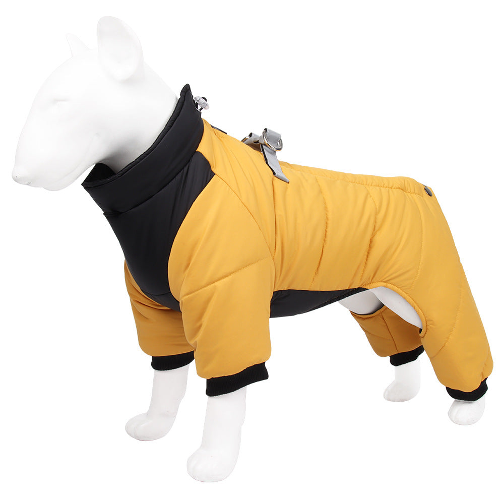 XL Size Yellow Winter Waterproof Dog 4 Leg Jumpsuit for Full Body Warmth - Reflective Windproof Pet Puffer Coat with Integrated Harness