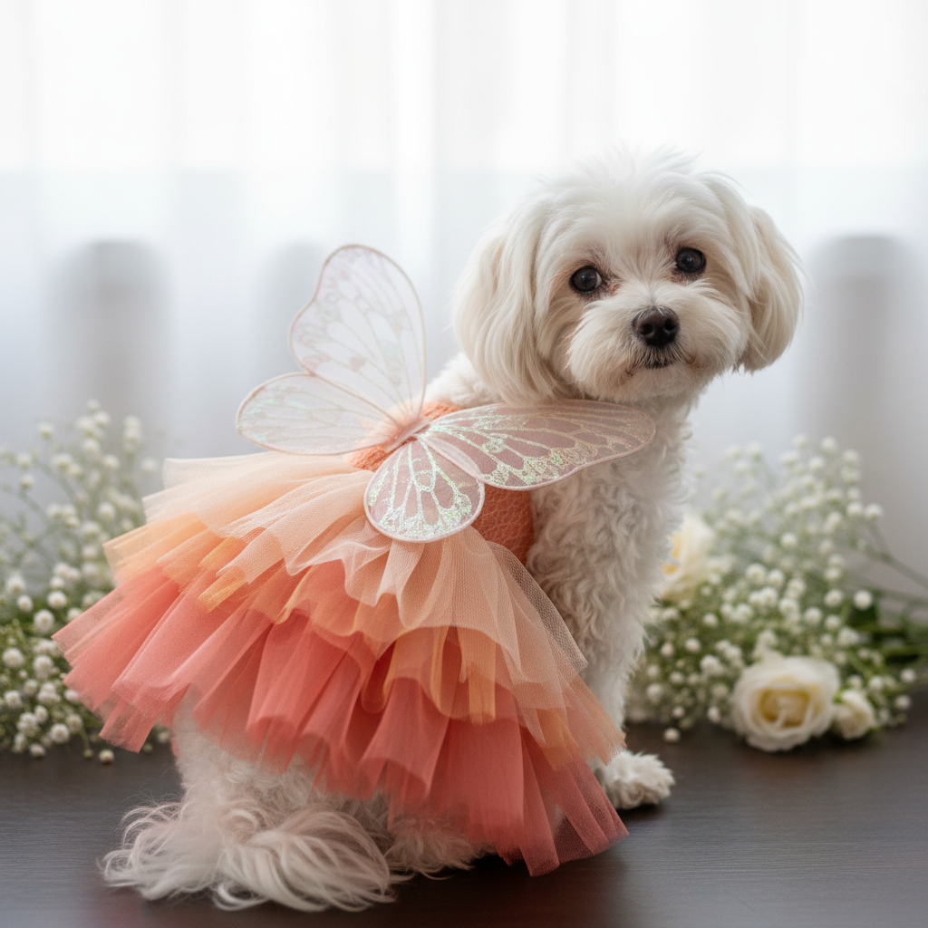 Dog in peach orange butterfly tutu